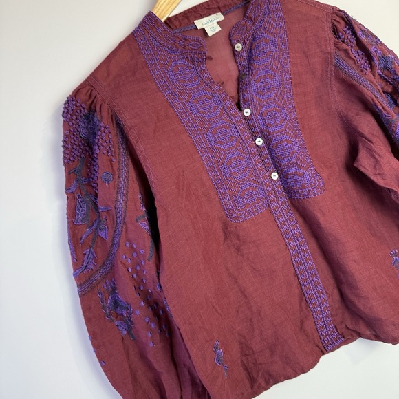 Sundance Tops - Sundance Christiane Embroidered Blouse PM Burgundy Purple Boho Ramie Top $138